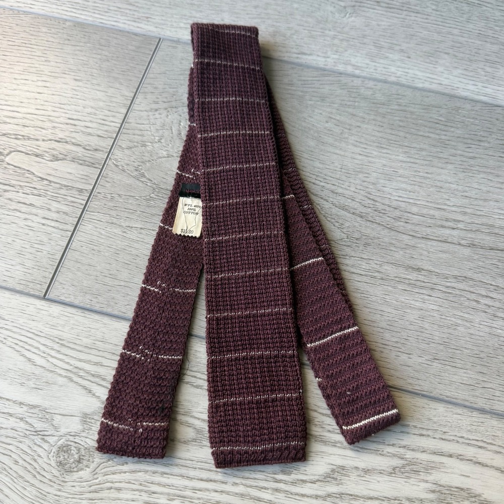 Vintage Knit Tie 1960s Striped Cotton Short  | Purple | 2"W 48"L